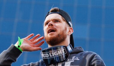 Seattle Seahawks quarterback Sam Darnold reacts during the Super Bowl LX parade
