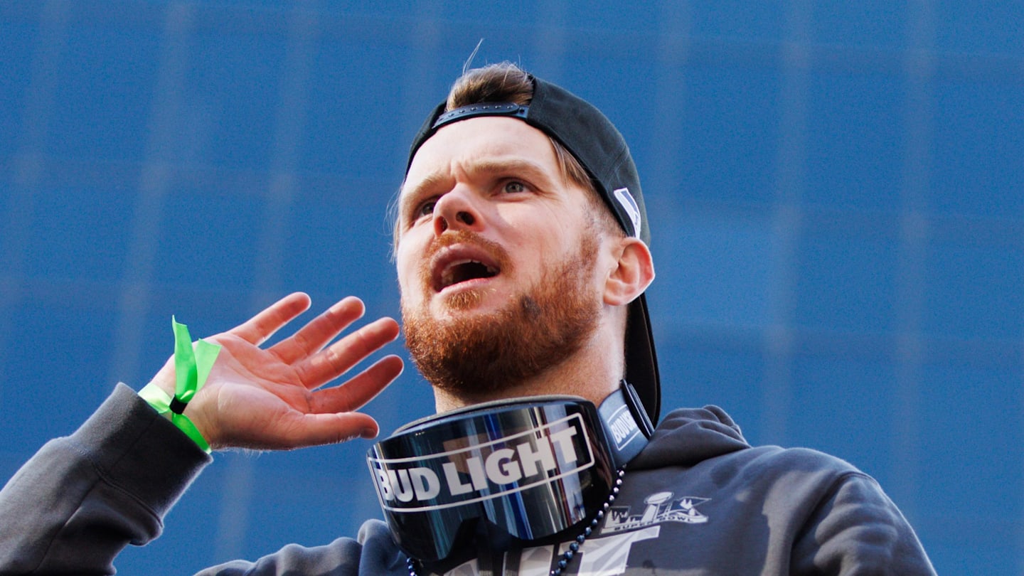 Seattle Seahawks quarterback Sam Darnold reacts during the Super Bowl LX parade