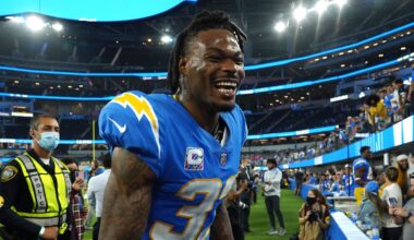 Oct 4, 2021; Inglewood, California, USA; Los Angeles Chargers free safety Derwin James (33) reacts after defeating the Las Vegas Raiders at SoFi Stadium. Mandatory Credit: Kirby Lee-Imagn Images