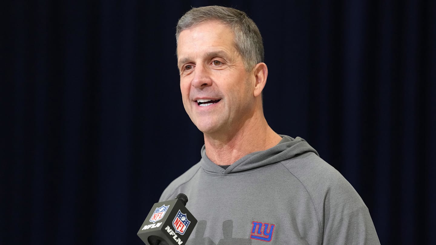 Feb 24, 2026; Indianapolis, IN, USA; New York Giants coach John Harbaugh speaks at the NFL Scouting Combine at the Indiana Convention Center. Mandatory Credit: Kirby Lee-Imagn Images
