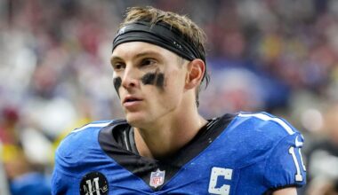 Indianapolis Colts wide receiver Alec Pierce (14) leaves the field Monday, Dec. 22, 2025, after losing a game against the San Francisco 49ers at Lucas Oil Stadium in Indianapolis.