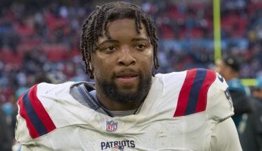 Oct 20, 2024; London, United Kingdom; New England Patriots linebacker Anfernee Jennings (33) leave the field after after the game against the Jacksonville Jaguars an NFL International Series game at Wembley Stadium. Mandatory Credit: Peter van den Berg-Imagn Images