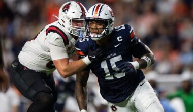 Auburn Tigers defensive end Keldric Faulk (15) blitzes as Auburn Tigers take on Ball State Cardinals at Jordan-Hare Stadium in Auburn, Ala. on Saturday, Sept. 6, 2025. Auburn Tigers defeated Ball State Cardinals 42-3.