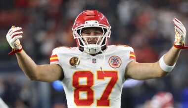 Nov 27, 2025; Arlington, Texas, USA; Kansas City Chiefs tight end Travis Kelce (87) warms up prior to the game against the Dallas Cowboys at AT&T Stadium. Mandatory Credit: Kevin Jairaj-Imagn Images