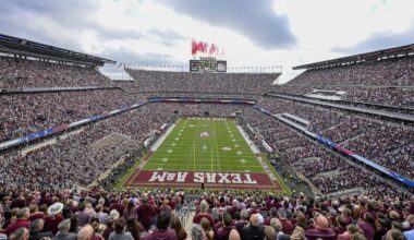 Dec 20, 2025; College Station, TX, USA; A view of the field and the fireworks before the game between the Aggies and the Hurricanes at Kyle Field. Mandatory Credit: Jerome Miron-Imagn Images