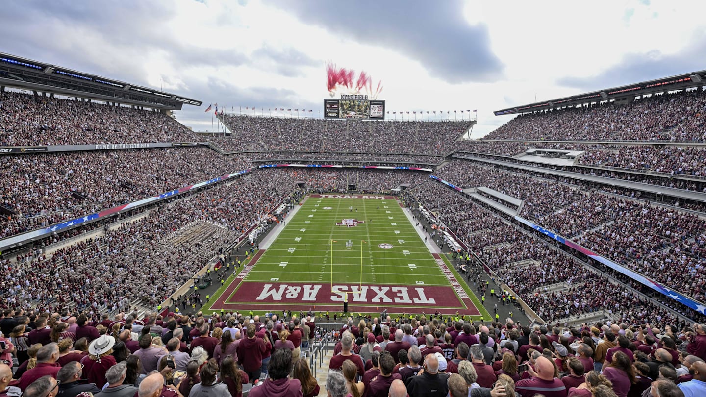 Dec 20, 2025; College Station, TX, USA; A view of the field and the fireworks before the game between the Aggies and the Hurricanes at Kyle Field. Mandatory Credit: Jerome Miron-Imagn Images