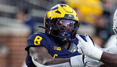 Michigan edge Derrick Moore (8) goes against New Mexico offensive lineman Malik Aliane (51) during the first half at Michigan Stadium in Ann Arbor on Saturday, August 30, 2025.