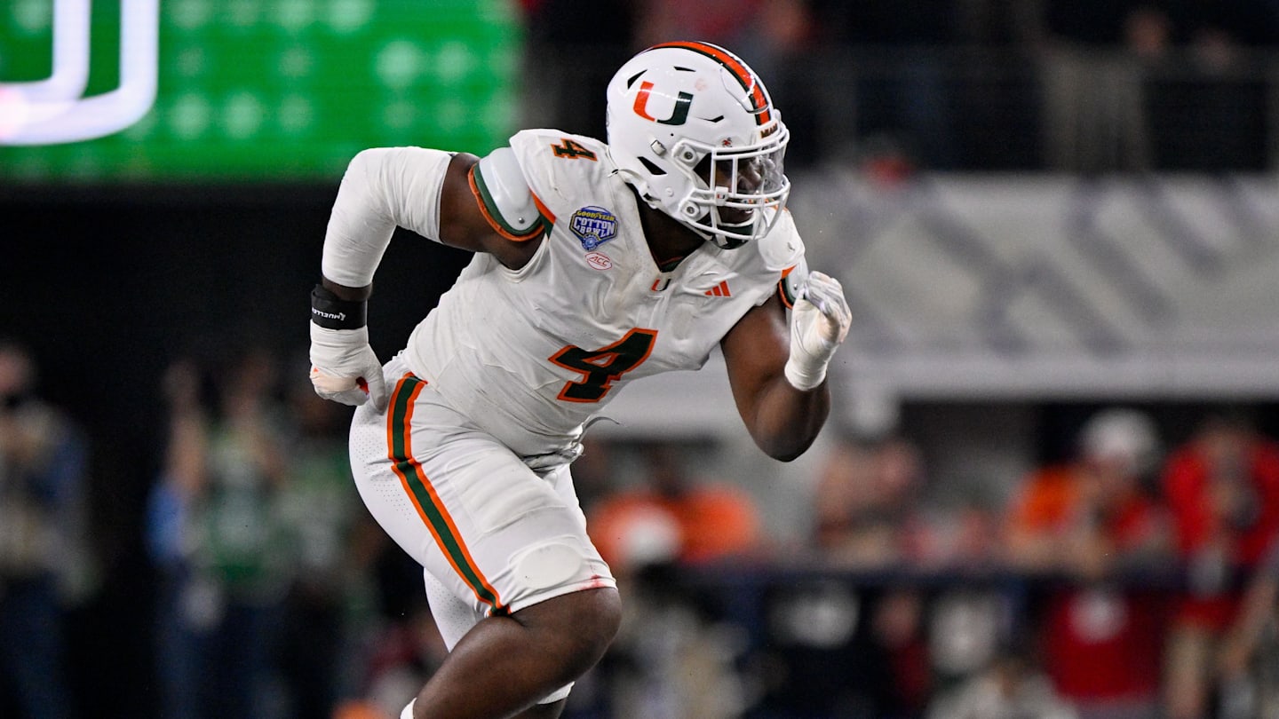 Dec 31, 2025; Arlington, TX, USA; Miami Hurricanes defensive lineman Rueben Bain Jr. (4) rushes the line during the 2025 Cotton Bowl and quarterfinal game of the College Football Playoff at AT&T Stadium. Mandatory Credit: Jerome Miron-Imagn Images