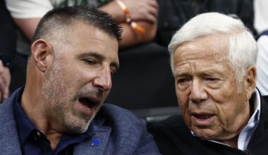 Apr 23, 2025; Boston, Massachusetts, USA; New England Patriots head coach Mike Vrabel, left, talks with Patriots owner Robert Kraft courtside during the second half of game two of the first round of the 2024 NBA Playoffs between the Boston Celtics and the Orlando Magic at TD Garden. Mandatory Credit: Winslow Townson-Imagn Images