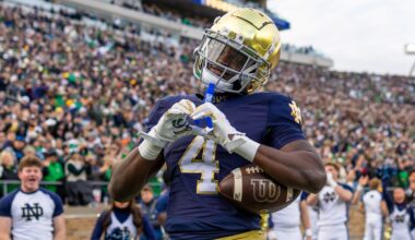 Nov 22, 2025; South Bend, Indiana, USA; Notre Dame Fighting Irish running back Jeremiyah Love (4) celebrates scoring against the Syracuse Orange during the first half at Notre Dame Stadium. Mandatory Credit: Michael Caterina-Imagn Images