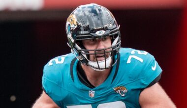 September 28, 2025; Santa Clara, California, USA; Jacksonville Jaguars offensive tackle Walker Little (72) during the second quarter against the San Francisco 49ers at Levi's Stadium.