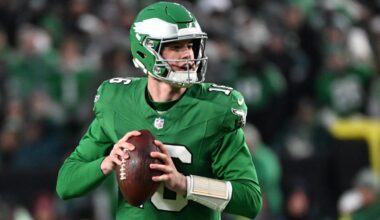 Jan 4, 2026; Philadelphia, Pennsylvania, USA; Philadelphia Eagles quarterback Tanner McKee (16) looks for a receiver against the Washington Commanders at Lincoln Financial Field. Mandatory Credit: Eric Hartline-Imagn Images