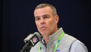 Feb 25, 2025; Indianapolis, IN, USA; Buffalo Bills general manager Brandon Beane speaks during the NFL Scouting Combine at the Indiana Convention Center. Mandatory Credit: Kirby Lee-Imagn Images