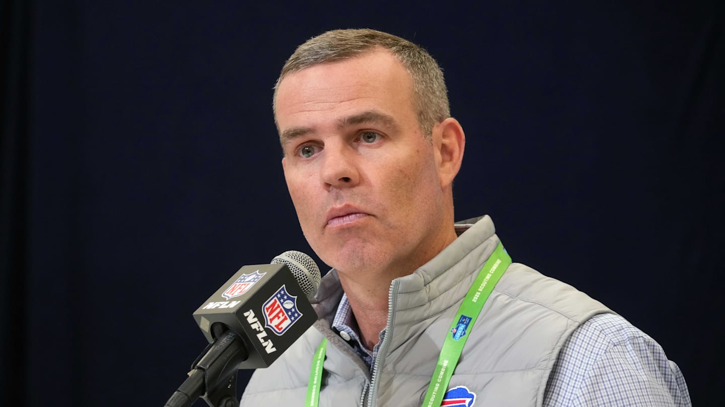 Feb 25, 2025; Indianapolis, IN, USA; Buffalo Bills general manager Brandon Beane speaks during the NFL Scouting Combine at the Indiana Convention Center. Mandatory Credit: Kirby Lee-Imagn Images