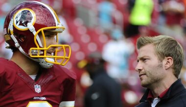 Sep 13, 2015; Landover, MD, USA; Washington Redskins quarterback Kirk Cousins (8) talks with Washington Redskins offensive coordinator Sean McVay. Mandatory Credit: Brad Mills-Imagn Images