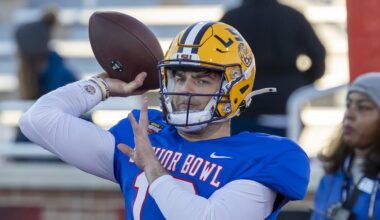 LSU quarterback Garrett Nussmeier during American Senior Bowl practice at Hancock Whitney Stadium on Jan 28, 2026.