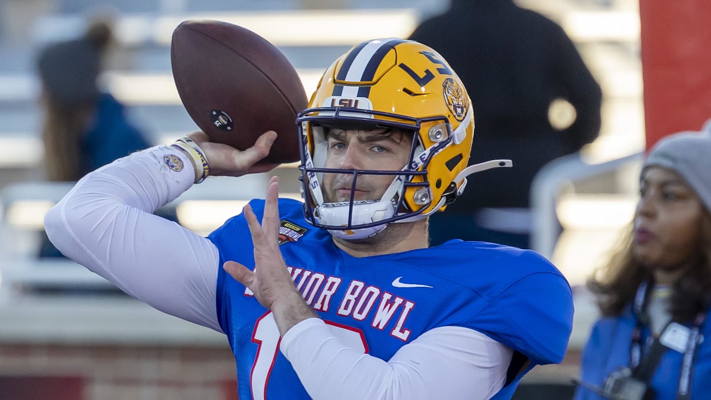 LSU quarterback Garrett Nussmeier during American Senior Bowl practice at Hancock Whitney Stadium on Jan 28, 2026.