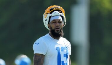 Jul 26, 2023; Costa Mesa, CA, USA; Los Angeles Chargers receiver Keenan Allen (13) reacts during training camp at Jack Hammett Sports Complex. Mandatory Credit: Kirby Lee-Imagn Images