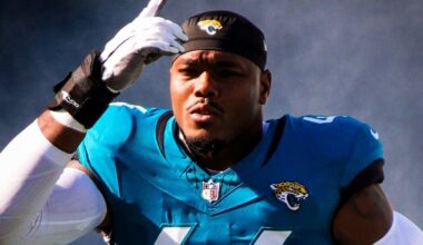 Jacksonville Jaguars defensive end Travon Walker (44) enters the stadium before an NFL football game at EverBank Stadium, Sunday, Dec. 14, 2025, in Jacksonville, Fla.