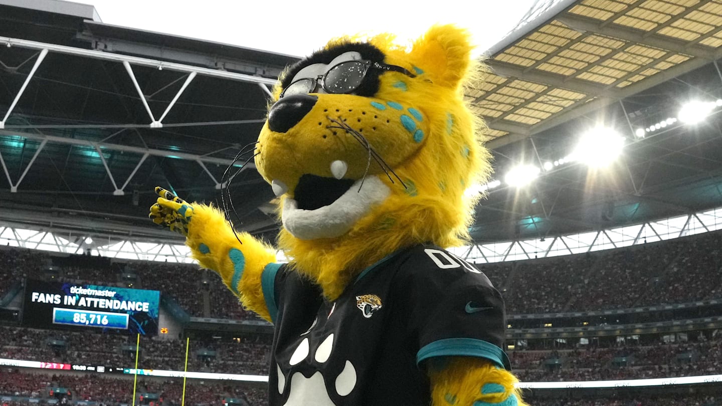 Oct 1, 2023; London, United Kingdom; Jacksonville Jaguars mascot Jaxson de Ville gestures during an NFL International Series game against the Atlanta Falcons at Wembley Stadium.