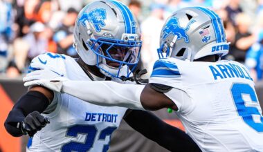 Detroit Lions cornerback Rock Ya-Sin (23) and cornerback Terrion Arnold (6) warm up ahead of Cincinnati Bengals game at Paycor Stadium in Cincinnati on Sunday, Oct. 5, 2025.