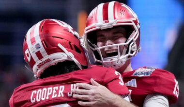 Indiana Hoosiers quarterback Fernando Mendoza (15) celebrates with Indiana Hoosiers wide receiver Omar Cooper Jr. (3) celebrate after connecting for a touchdown Friday, Jan. 9, 2026, during the Peach Bowl and semifinal game of the College Football Playoff against the Oregon Ducks at Mercedes-Benz Stadium in Atlanta.