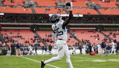 Tennessee Titans cornerback Kaiir Elam (35) chases down New Orleans Saints wide receiver Chris Olave (12) after a catch and run during the second quarter at Nissan Stadium in Nashville, Tenn., Sunday, Dec. 28, 2025.