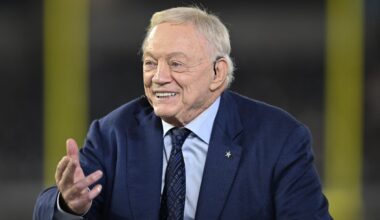 Dallas Cowboys owner Jerry Jones talks before the game against the Arizona Cardinals.