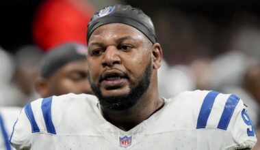 Indianapolis Colts defensive tackle Grover Stewart walks the sideline