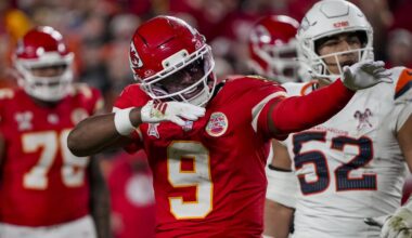 Dec 25, 2025; Kansas City, Missouri, USA; Kansas City Chiefs wide receiver Juju Smith-Schuster (9) celebrates during the fourth quarter at GEHA Field at Arrowhead Stadium. Mandatory Credit: Denny Medley-Imagn Images