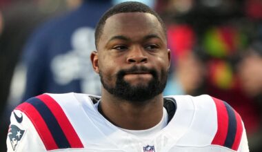 Feb 8, 2026; Santa Clara, CA, USA; New England Patriots wide receiver Kayshon Boutte (9) during halftime against the Seattle Seahawks in Super Bowl LX at Levi's Stadium. Mandatory Credit: Darren Yamashita-Imagn Images
