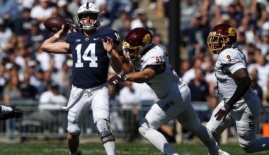 Sep 24, 2022; University Park, Pennsylvania, USA; Penn State Nittany Lions quarterback Sean Clifford (14) looks to throw a pass before being tackled by Central Michigan Chippewas defensive linesman Michael Heldman (97) during the second quarter at Beaver Stadium. Penn State defeated Central Michigan 33-14. Mandatory Credit: Matthew OHaren-Imagn Images