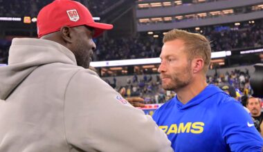Tampa Bay Buccaneers head coach Todd Bowles shakes hands with Los Angeles Rams head coach Sean McVay after the game at SoFi Stadium.