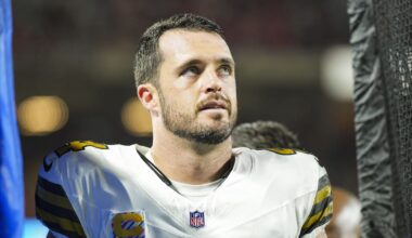 New Orleans Saints quarterback Derek Carr (4) reacts after an injury