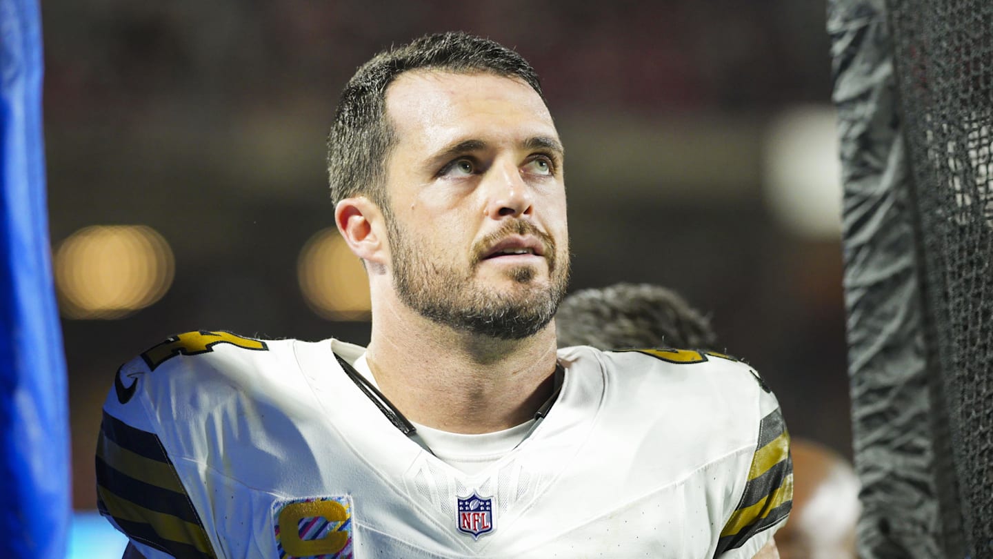 New Orleans Saints quarterback Derek Carr (4) reacts after an injury