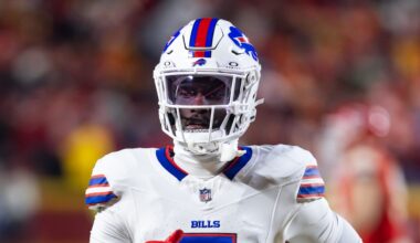 Jan 26, 2025; Kansas City, MO, USA; Buffalo Bills cornerback Kaiir Elam (5) against the Kansas City Chiefs during the AFC Championship game at GEHA Field at Arrowhead Stadium. Mandatory Credit: Mark J. Rebilas-Imagn Images