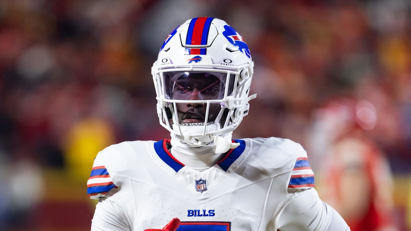 Jan 26, 2025; Kansas City, MO, USA; Buffalo Bills cornerback Kaiir Elam (5) against the Kansas City Chiefs during the AFC Championship game at GEHA Field at Arrowhead Stadium. Mandatory Credit: Mark J. Rebilas-Imagn Images