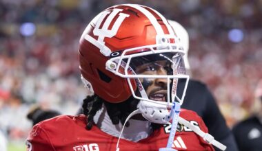Jan 19, 2026; Miami Gardens, FL, USA; Indiana Hoosiers wide receiver Omar Cooper Jr. (3) against the Miami Hurricanes in the College Football Playoff National Championship game at Hard Rock Stadium. Mandatory Credit: Mark J. Rebilas-Imagn Images
