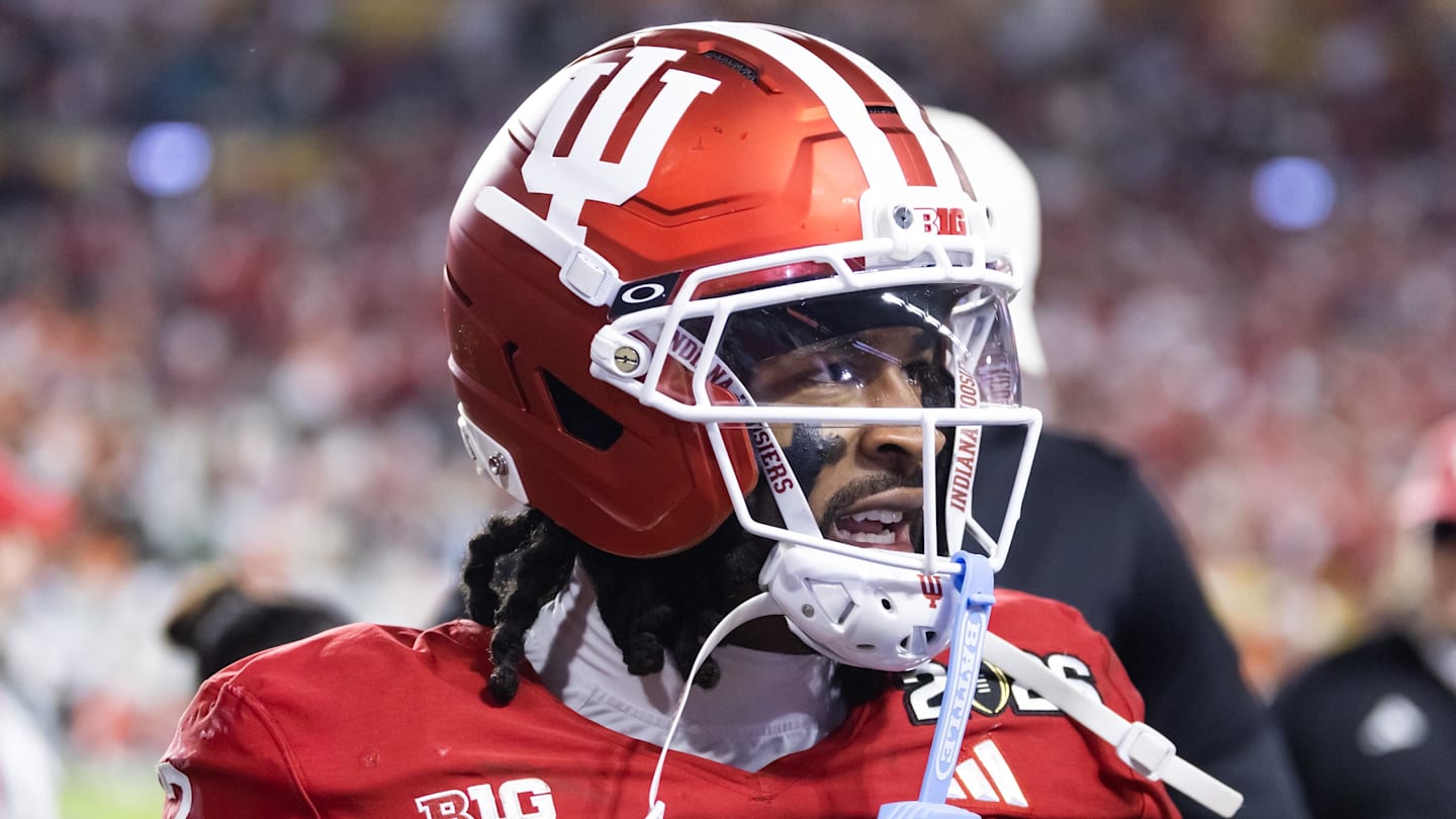 Jan 19, 2026; Miami Gardens, FL, USA; Indiana Hoosiers wide receiver Omar Cooper Jr. (3) against the Miami Hurricanes in the College Football Playoff National Championship game at Hard Rock Stadium. Mandatory Credit: Mark J. Rebilas-Imagn Images