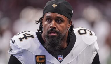 Sep 29, 2024; Atlanta, Georgia, USA; New Orleans Saints defensive end Cameron Jordan (94) shown on the field before the game against the Atlanta Falcons at Mercedes-Benz Stadium. Mandatory Credit: Dale Zanine-Imagn Images