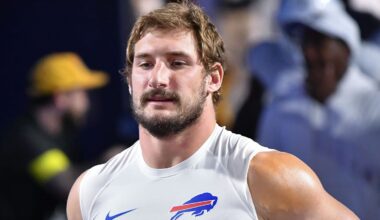 Oct 5, 2025; Orchard Park, New York, USA; Buffalo Bills defensive end Joey Bosa (97) enters the field to warm up  before a game against the New England Patriots at Highmark Stadium. Mandatory Credit: Mark Konezny-Imagn Images