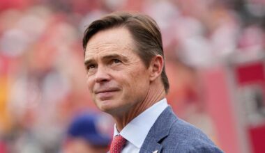 Sep 14, 2025; Kansas City, Missouri, USA; Kansas City Chiefs president Mark Donovan looks on prior to the game against the Philadelphia Eagles at GEHA Field at Arrowhead Stadium. Mandatory Credit: Denny Medley-Imagn Images