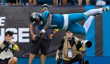 Jacksonville Jaguars running back Travis Etienne Jr. (1) leaps to score a rushing touchdown during the fourth quarter of an NFL football matchup at EverBank Stadium, Sunday, Dec. 14, 2025, in Jacksonville, Fla. The Jaguars defeated the Jets 48-20.