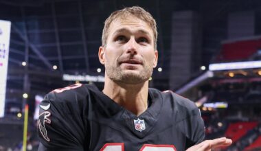 Dec 29, 2025; Atlanta, Georgia, USA; Atlanta Falcons quarterback Kirk Cousins (18) celebrates after a victory over the Los Angeles Rams at Mercedes-Benz Stadium.
