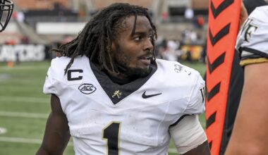Oct 11, 2025; Corvallis, Oregon, USA; Wake Forest Demon Deacons running back Demond Claiborne (1) celebrates on the sideline after a long touchdown run in the second half against the Oregon State Beavers at Reser Stadium. Mandatory Credit: Craig Strobeck-Imagn Images