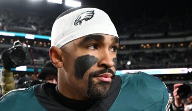 Philadelphia Eagles quarterback Jalen Hurts (1) after an NFC Wild Card Round game.