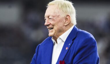 Dec 21, 2025; Arlington, Texas, USA; Dallas Cowboys owner Jerry Jones stands on the field during pregame warmups against the Los Angeles Chargers at AT&T Stadium.