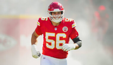 Kansas City Chiefs defensive end George Karlaftis (56) takes the field prior to a game against the Baltimore Ravens at GEHA Field at Arrowhead Stadium.