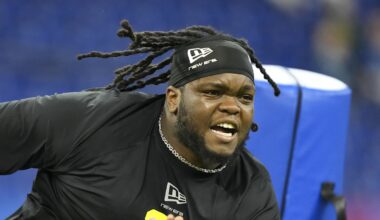 Feb 26, 2026; Indianapolis, IN, USA; Ohio State defensive lineman Kayden McDonald (DL21) during the NFL Scouting Combine  at Lucas Oil Stadium. Mandatory Credit: Kirby Lee-Imagn Images