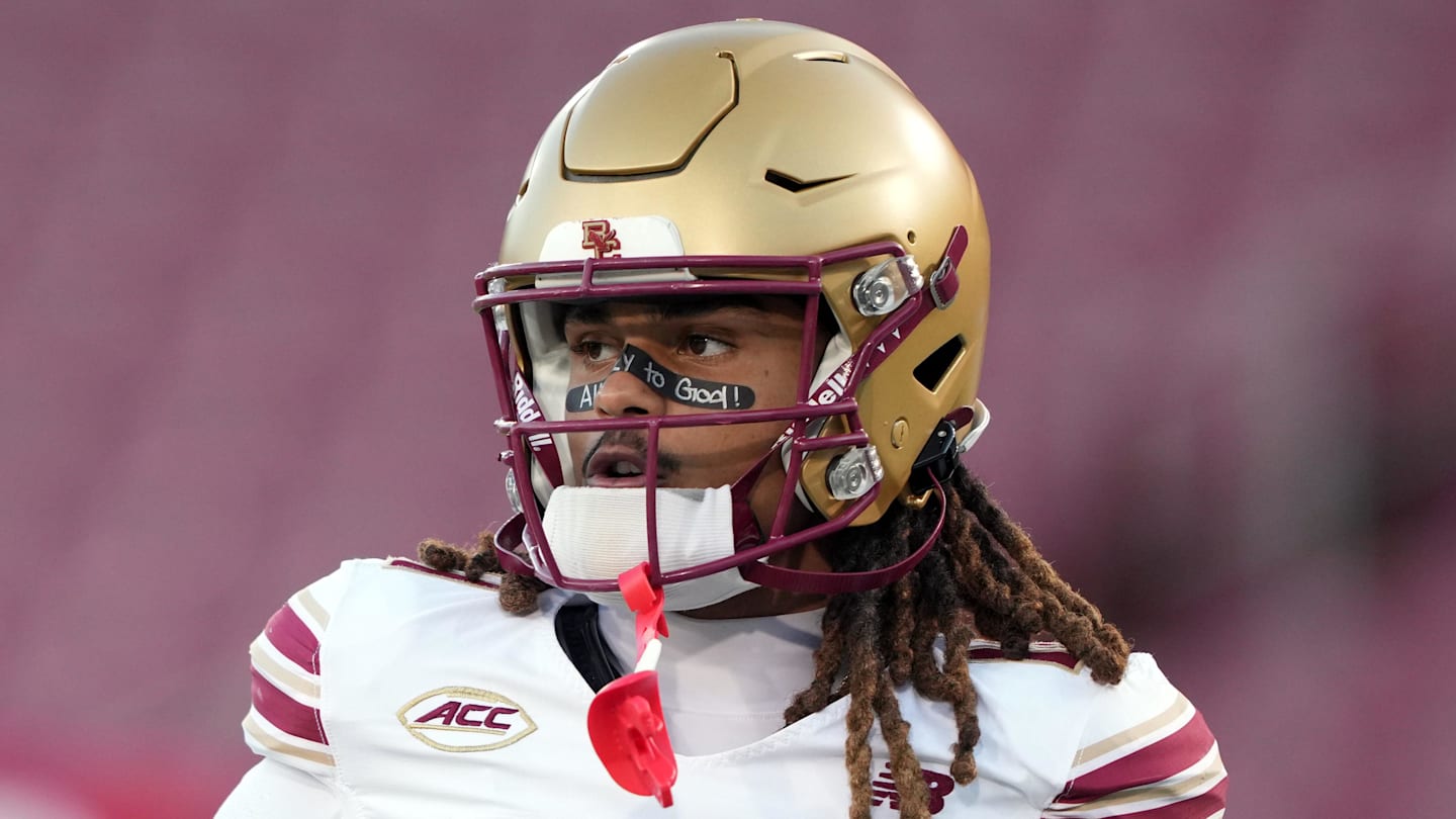 Sep 13, 2025; Stanford, California, USA; Boston College Eagles wide receiver Lewis Bond (11) warms up before the game against the Stanford Cardinal at Stanford Stadium. Mandatory Credit: Darren Yamashita-Imagn Images